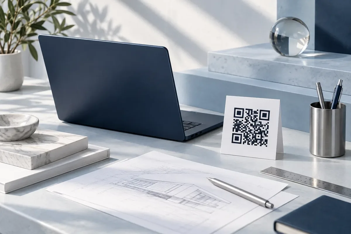 مساحة عمل أنيقة تضم حاسوبًا وبطاقة QR ومستندات